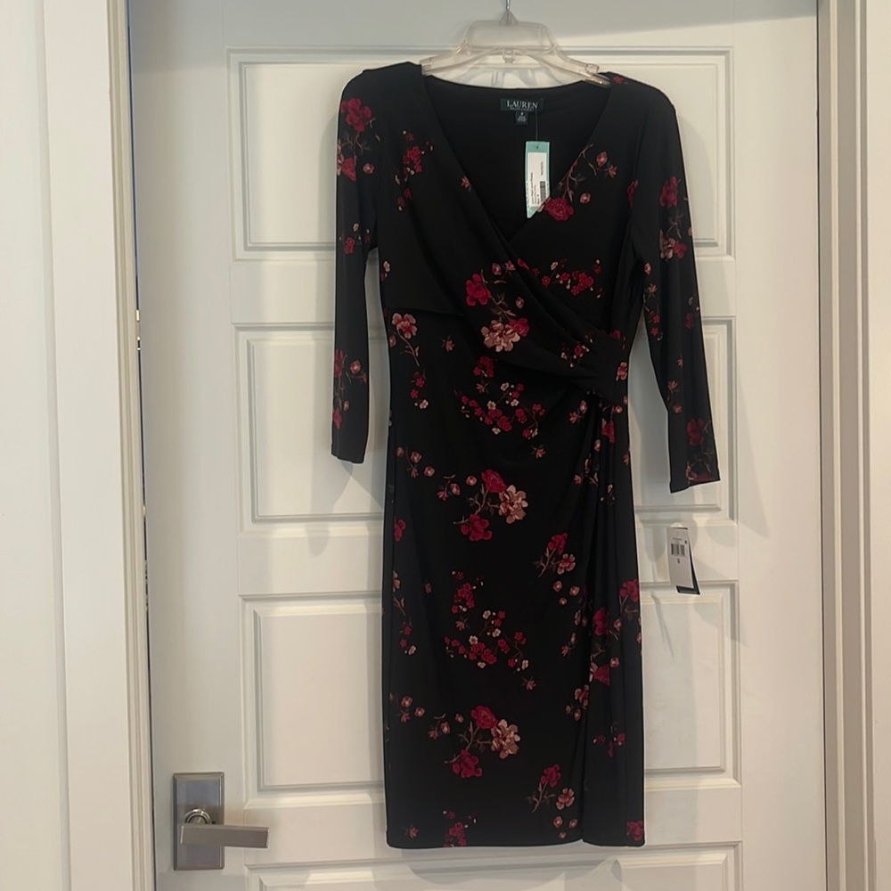 New w/ tags Ralph Lauren Cleora Knit dress.  Black and dark reds, Size 8.